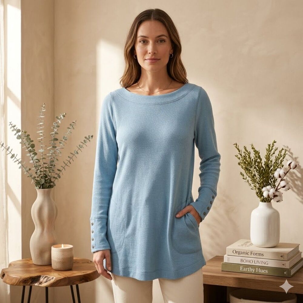 J Jill Waffle Knit Tunic Womens M Tall Blue Long Sleeve Pockets Cotton Blend